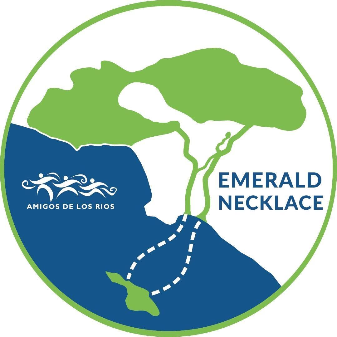 Round Logo in blue, green, and white. It says "Amigo de los Rios" and " Emerald Necklace". It shows the Pacific Ocaen in blue, the land around in white, and the watersheds of the Los Angeles and San Gabriel rivers are green.